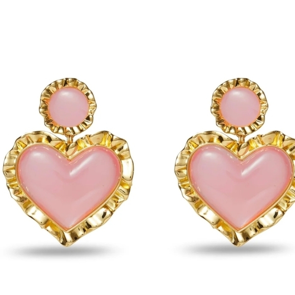 🔹️ Lele Sadoughi🔹️Gold and Pink Heart Ruffle Drop Earrings - Picture 2 of 3